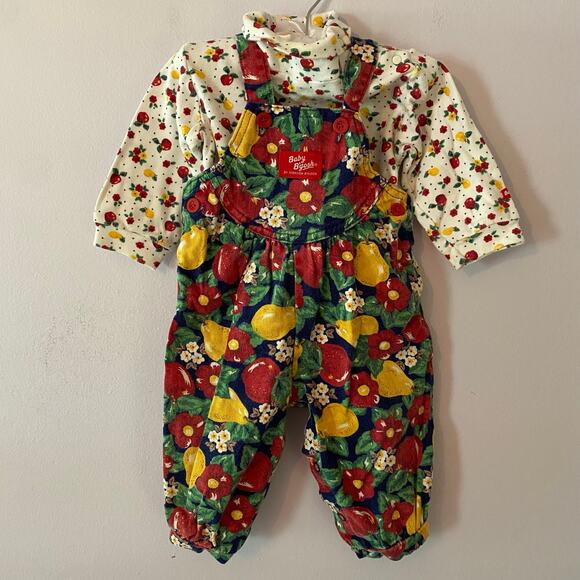 Oshkosh B'gosh Girls 12 Month Apple Pear Allover Print Overalls White Turtleneck - Picture 1 of 16